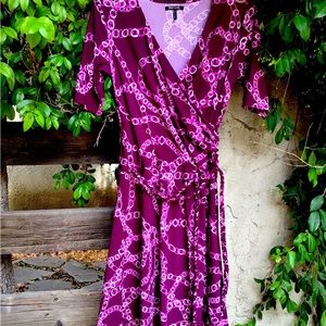 Purple wrap pattern dress with belt